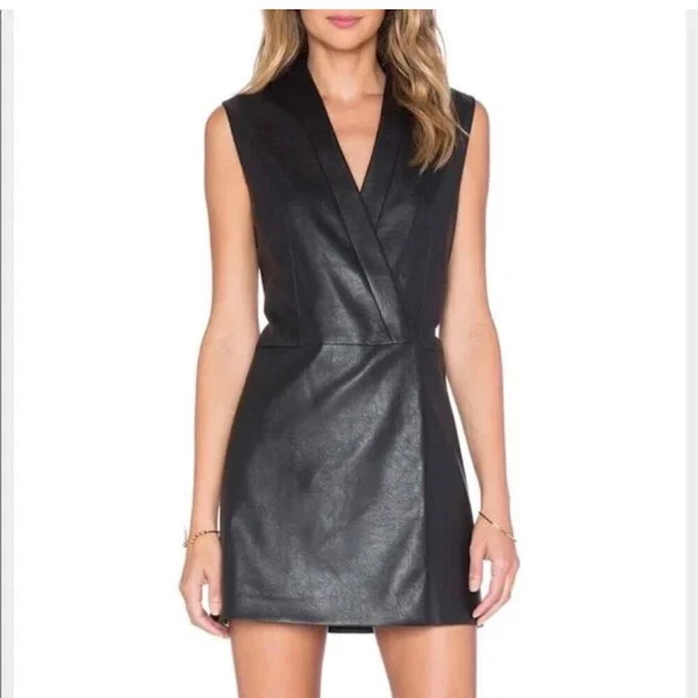 NWT BCBG MaxAzria Caryn Black Vegan Leather Wrap Mini Dress Size XS